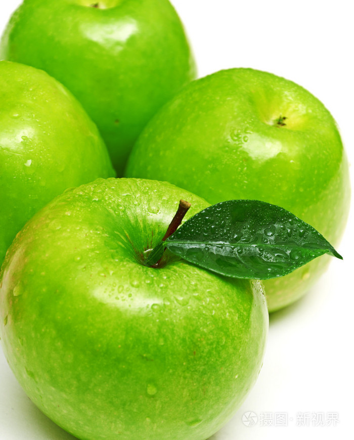 绿苹果水果,一半苹果和绿叶