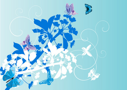 白色和蓝色花卉图与蝴蝶