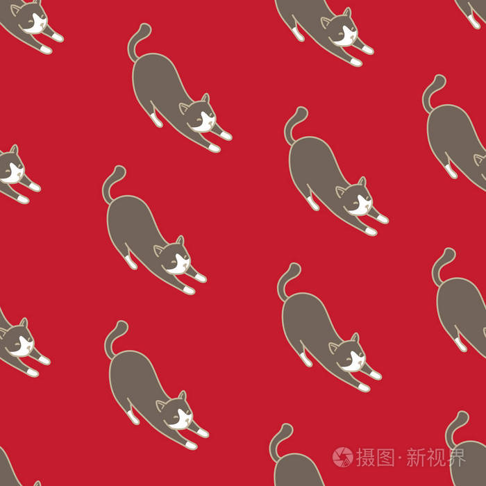 猫咪小猫涂鸦矢量无缝花纹壁纸背景红色插画 正版商用图片038xt8 摄图新视界