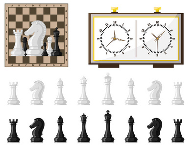 国际象棋棋盘和棋子矢量休闲概念骑士组白色和黑色片竞争