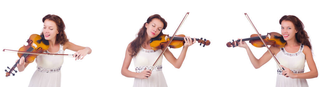孤立的白色背景上拉小提琴的女人