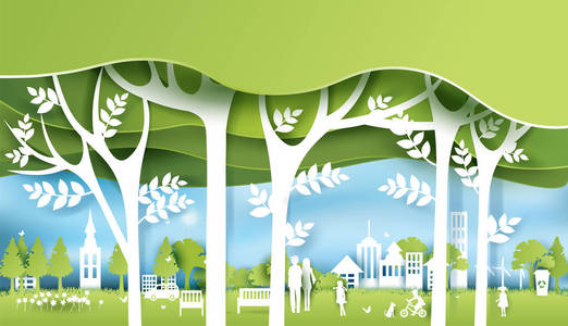 绿色生态城市生活纸的艺术风格 城市景观和工业厂房建筑 concept.vector 图