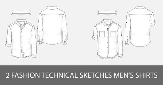 2时尚技术草图男子衬衫长袖和补丁口袋的矢量