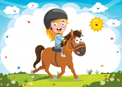 儿童骑马的矢量插图