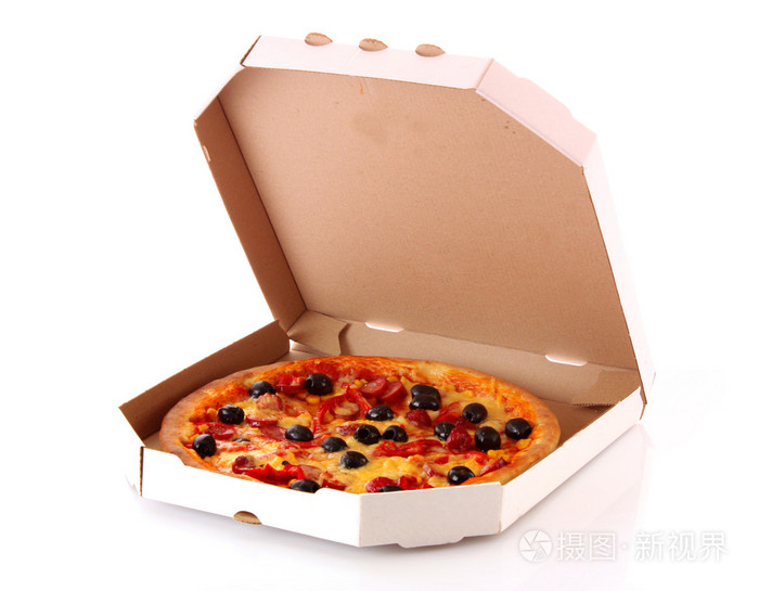 全意大利香肠和橄榄披萨盒白色背景