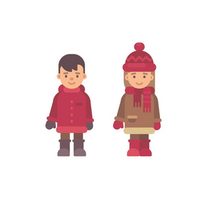 两个可爱的小孩穿着冬衣。圣诞儿童字符。情人节可爱情侣平面插图