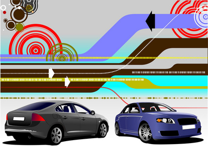 抽象高科技背景与两辆轿车图像。 向量