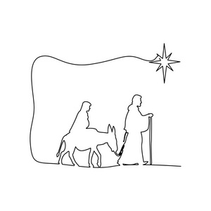 玛丽和约瑟夫通过甜点的驴矢量插图黑色轮廓, 在白色背景隔离