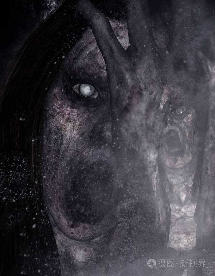 3d 黑暗中恐怖幽灵的插图, 恐怖背景, 混合媒体