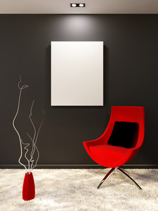红色扶手椅，带枕头，黑色墙壁上有白色空白。