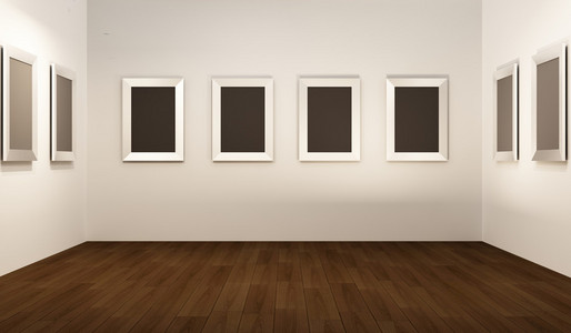 画廊内部的正面透视。 白色的空帧