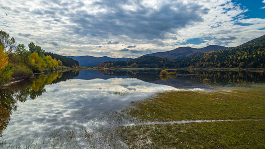 空中无人机的景色令人惊叹的秋季在湖面上的颜色。Cerknisko 湖, 斯洛文尼亚
