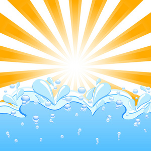 太阳与波浪和水滴的矢量插图