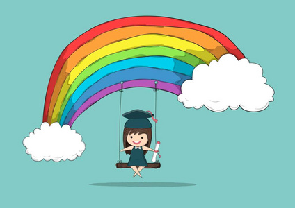学生做手工狮头毕业的女学生在彩虹上荡秋千的手工绘制矢量照片