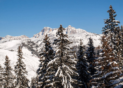 在白云岩的阿尔卑斯山的滑雪区。俯瞰蝶鞍组在加尔。意大利