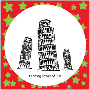 意大利比萨的倾斜的塔手绘素描黑色线矢量插图在白色背景上隔离