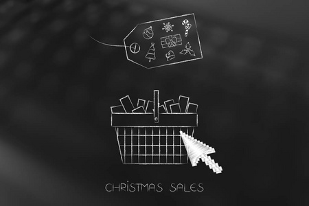 圣诞购物篮与光标点击和价格标签机智