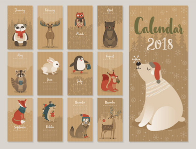 2018 年日历。与森林动物可爱月历