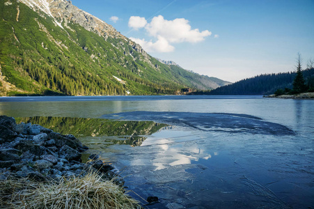 山湖的看法与树在山的倾斜在水, Morskie 开元, 海, Tatra 国家公园, 波兰