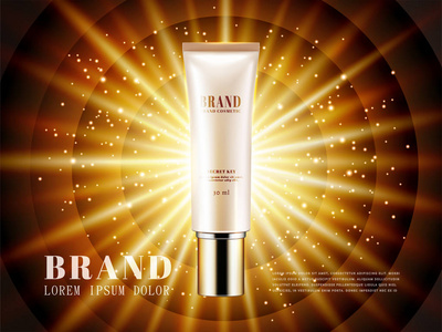 化妆品广告, 塑料管封装在明亮的闪光背景下的3d 插图