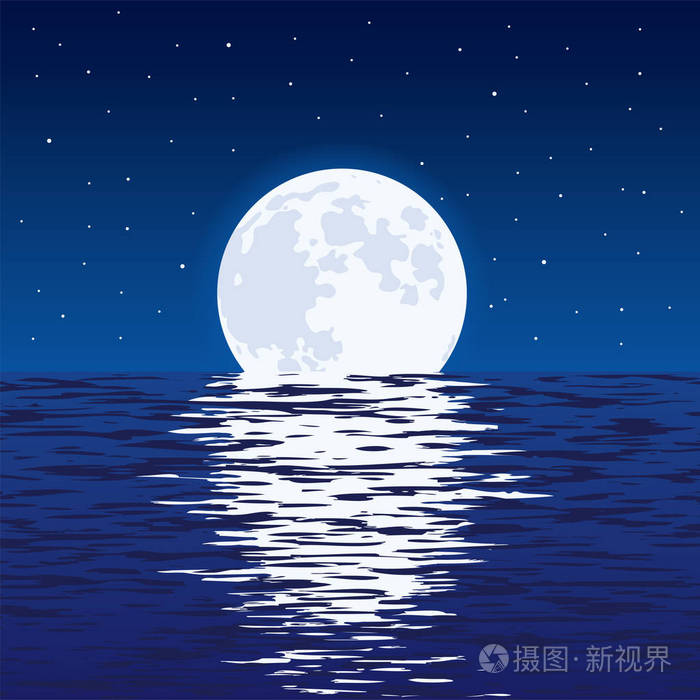 夜晚的蓝色海和满月的矢量背景