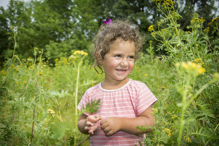 在夏天在草甸一个小愉快的女孩站立在黄色流动