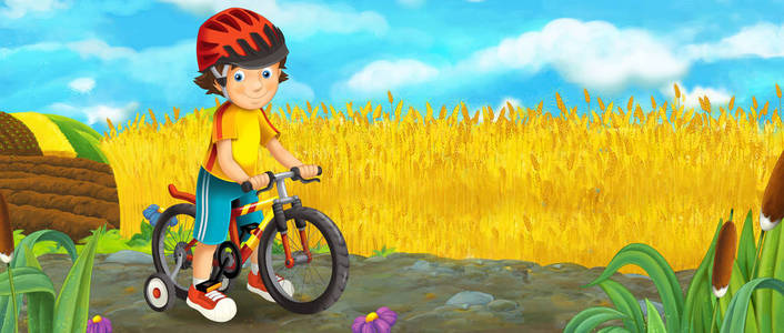 卡通场面与愉快的男孩, 有乐趣和骑自行车, 五颜六色的例证为孩子