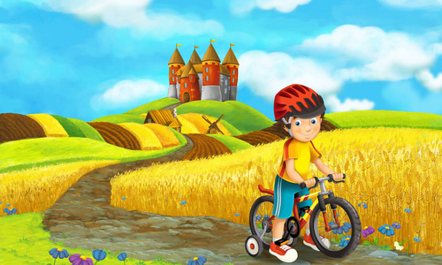 卡通场面与愉快的男孩, 有乐趣和骑自行车, 城堡在背景, 五颜六色的例证为孩子
