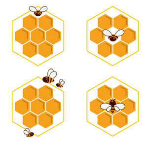 蜂窝和蜜蜂素描图标集。标志向量