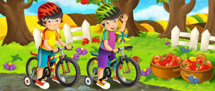 卡通场面与愉快的孩子, 有乐趣和骑自行车, 五颜六色的例证为孩子