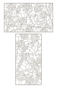 设置彩色玻璃鸟的轮廓插图鹦鹉和一双嘴在树枝上