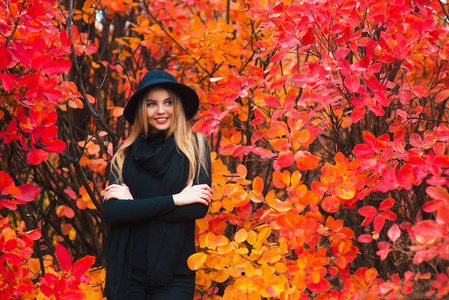 优雅的金发女子，站在一个公园在秋天里附近红叶