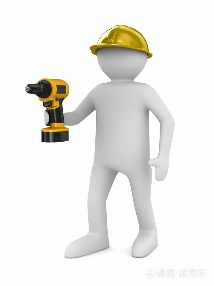 白色背景上有钻头的人. 孤立的三维图像