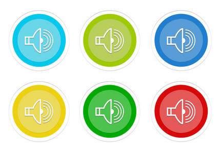 蓝色绿色黄色青色和红色颜色的带有扬声器符号的圆形彩色按钮集
