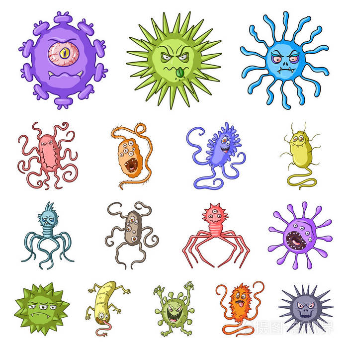 类型的有趣的微生物卡通图标集集合中的设计.微生物病原体载体标志物