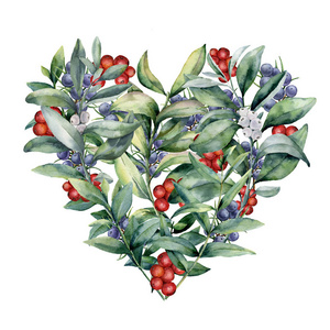 水彩花卉心脏与植物和浆果。手绘桉树树枝与树叶, 红色和白色的浆果分离白色背景。情人节插画
