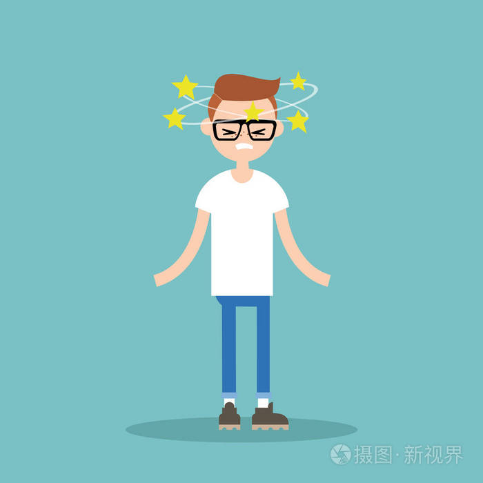 头晕的概念图.年轻的书呆子纺纱的星星