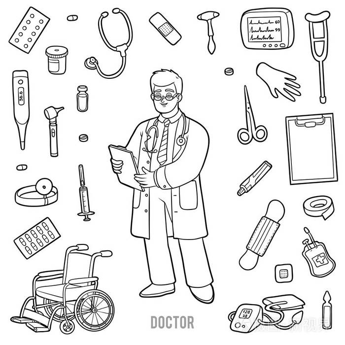 插画 向量集与医生和医疗对象.黑白项目.eps