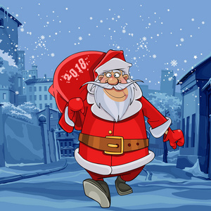 卡通圣诞老人走在冬季街与一个袋子2018