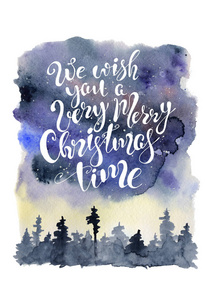 圣诞水彩 letteribg 引述与抽象的夜空和剪影林地背景