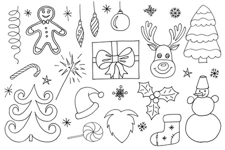 粗略的矢量手绘涂鸦卡通组对象和符号上圣诞快乐