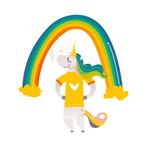 快乐独角兽人物站在大彩虹下图片