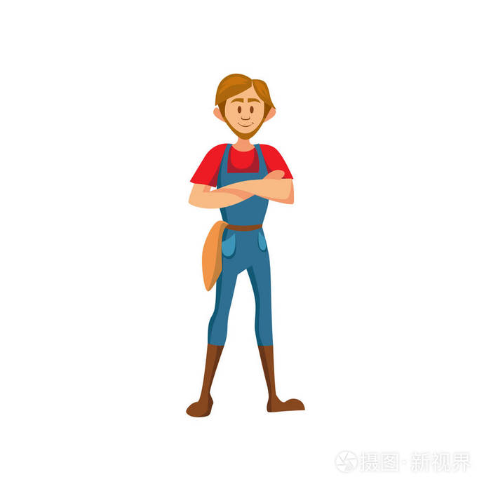 男性农夫站立与折叠的手卡通矢量插图