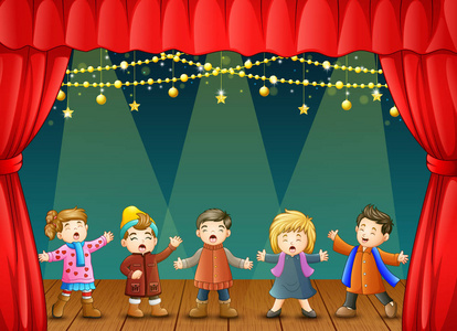 在舞台上演唱的儿童群体的媒介插图照片