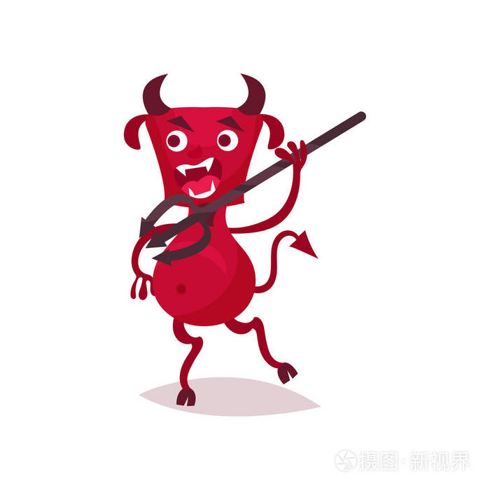 愤怒的滑稽的魔鬼与角和尾巴运行与三叉戟, 红色恶魔卡通人物矢量插图