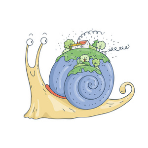 微笑蜗牛与村庄和森林在壳照片