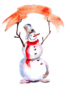 雪人与红色海报, 水彩的圣诞插图在白色背景隔离