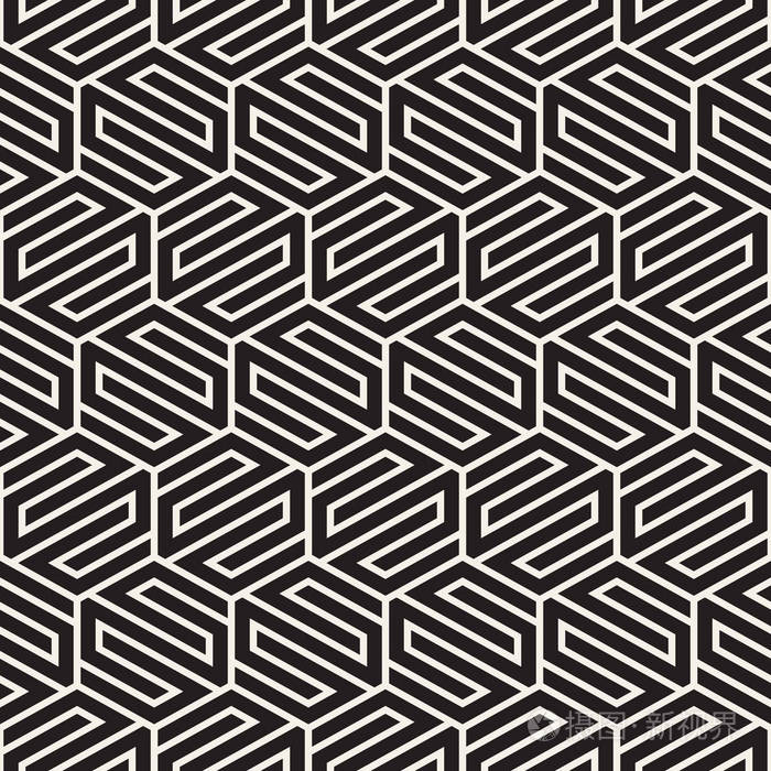 矢量无缝抽象形状模式。现代时尚条纹纹理。用六边形元素重复几何瓦片