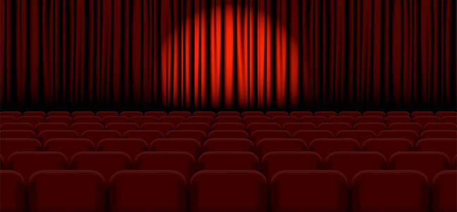 百老汇舞台聚光灯在舞台幕布上.矢量照片