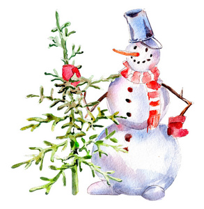 Handdrawn 复古雪人与树, 水彩的圣诞插图在白色背景隔离